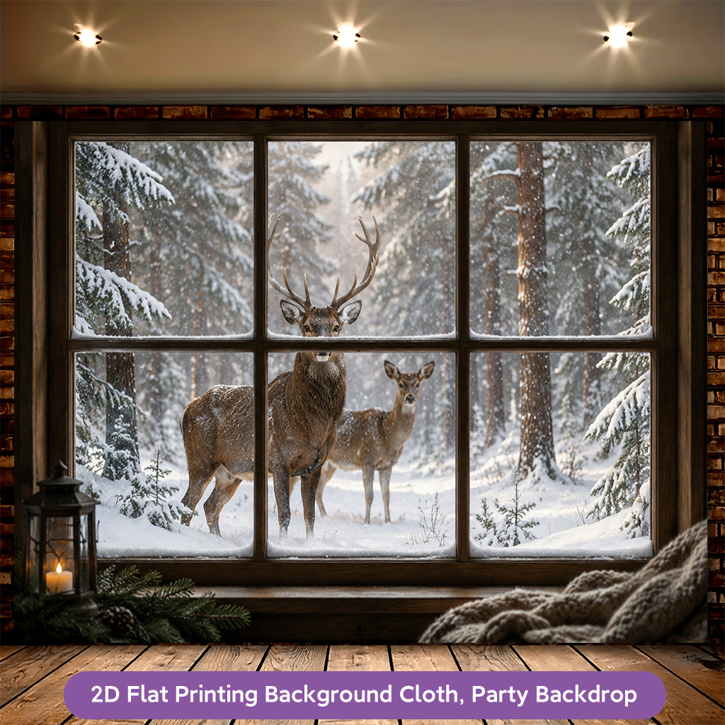 2D Flat Deer Standing Outside Window Photography Backdrop